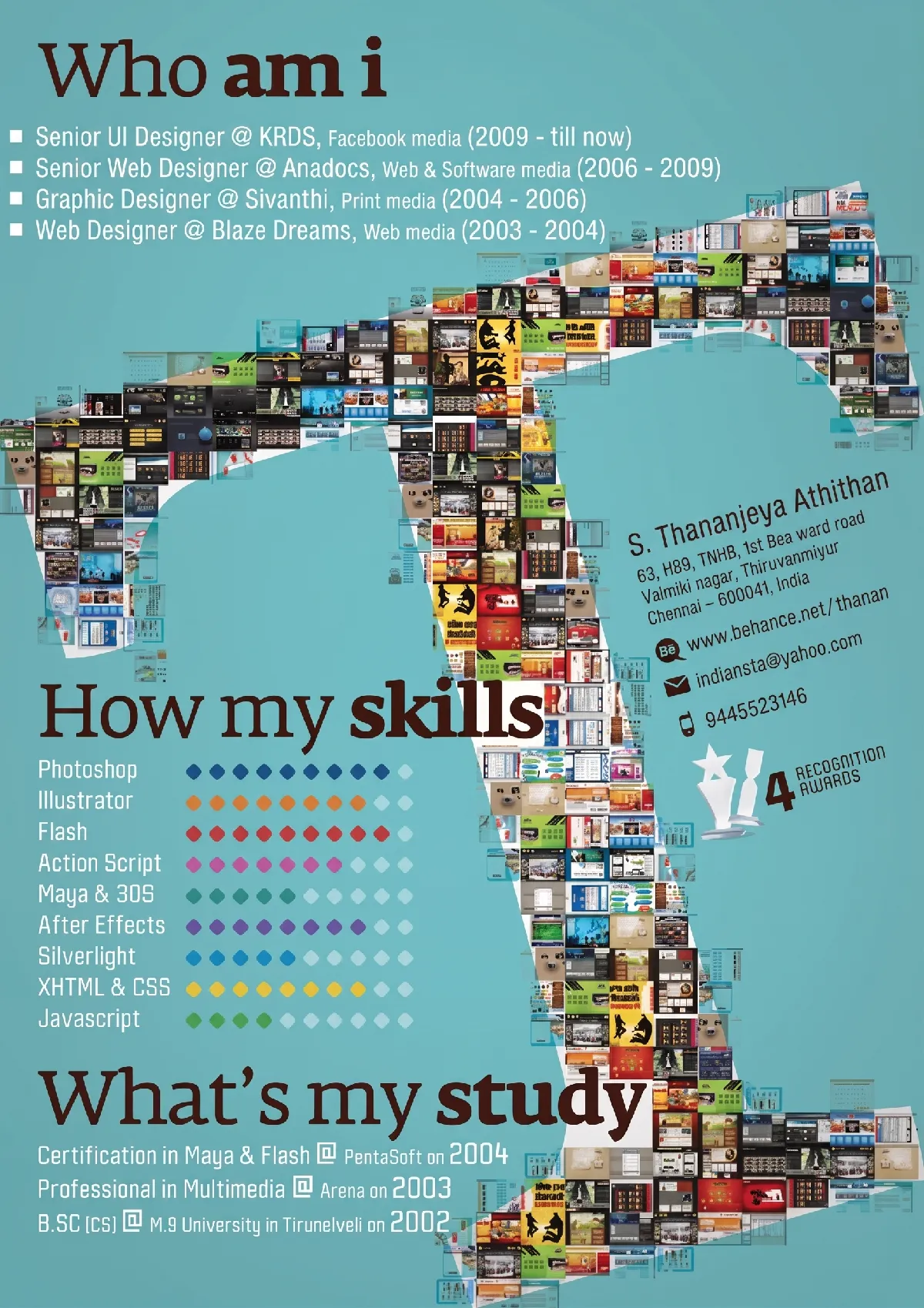 Creative infographic resume design with portfolio mosaic layout for graphic designers