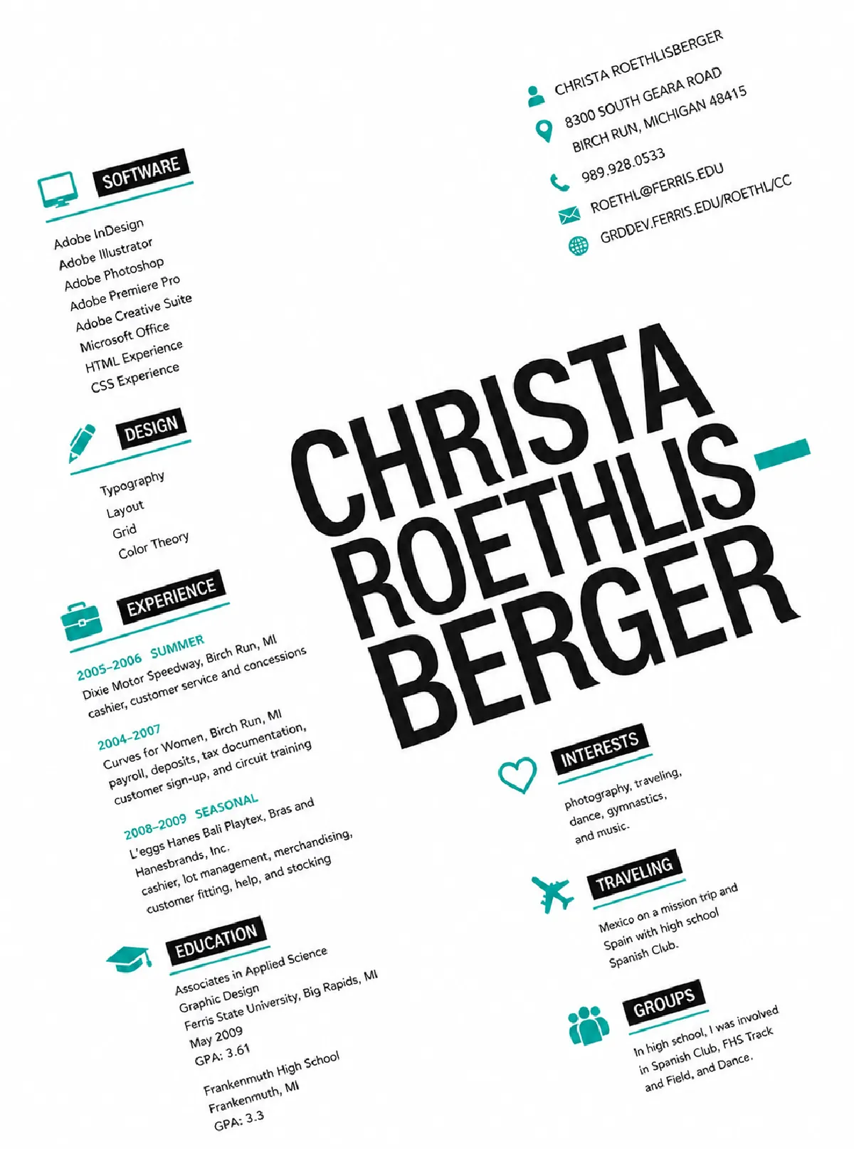Minimal typography resume design example for modern graphic designers