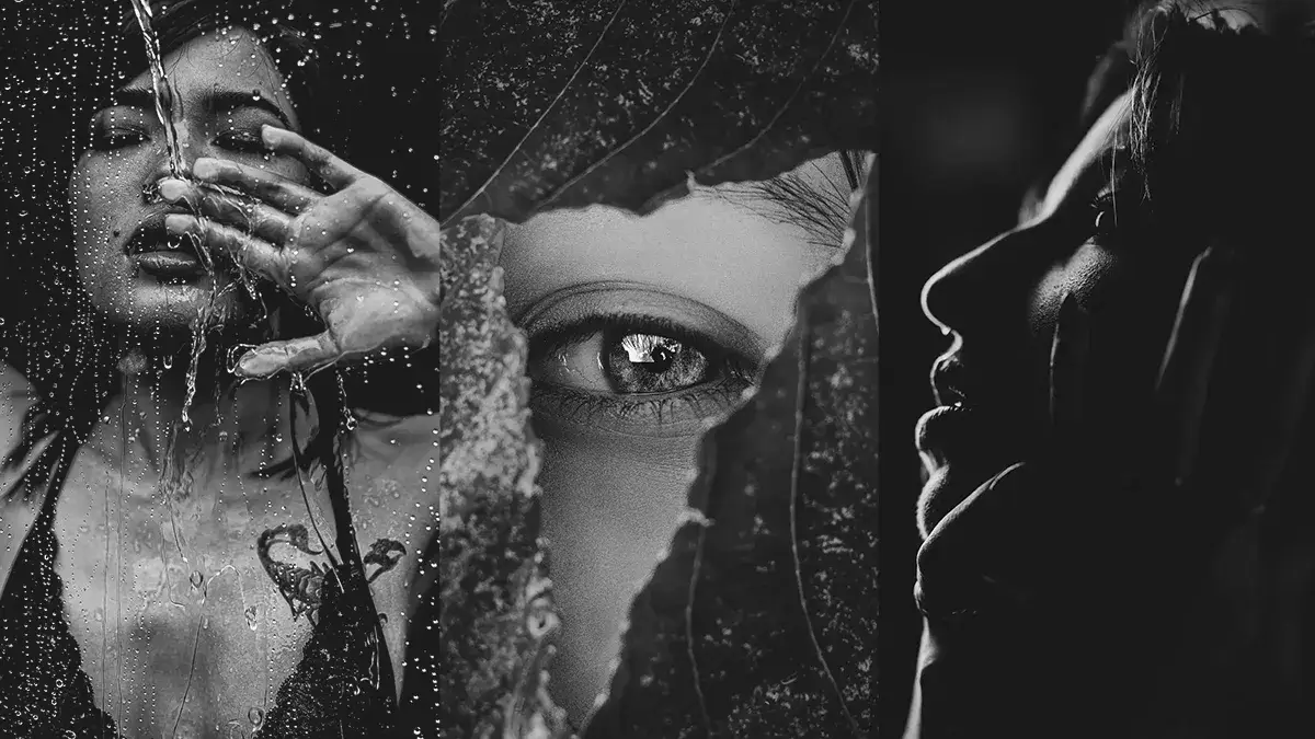 Collage of dramatic black and white portrait photography featuring emotional expressions, water textures, close-up eye detail, and cinematic lighting