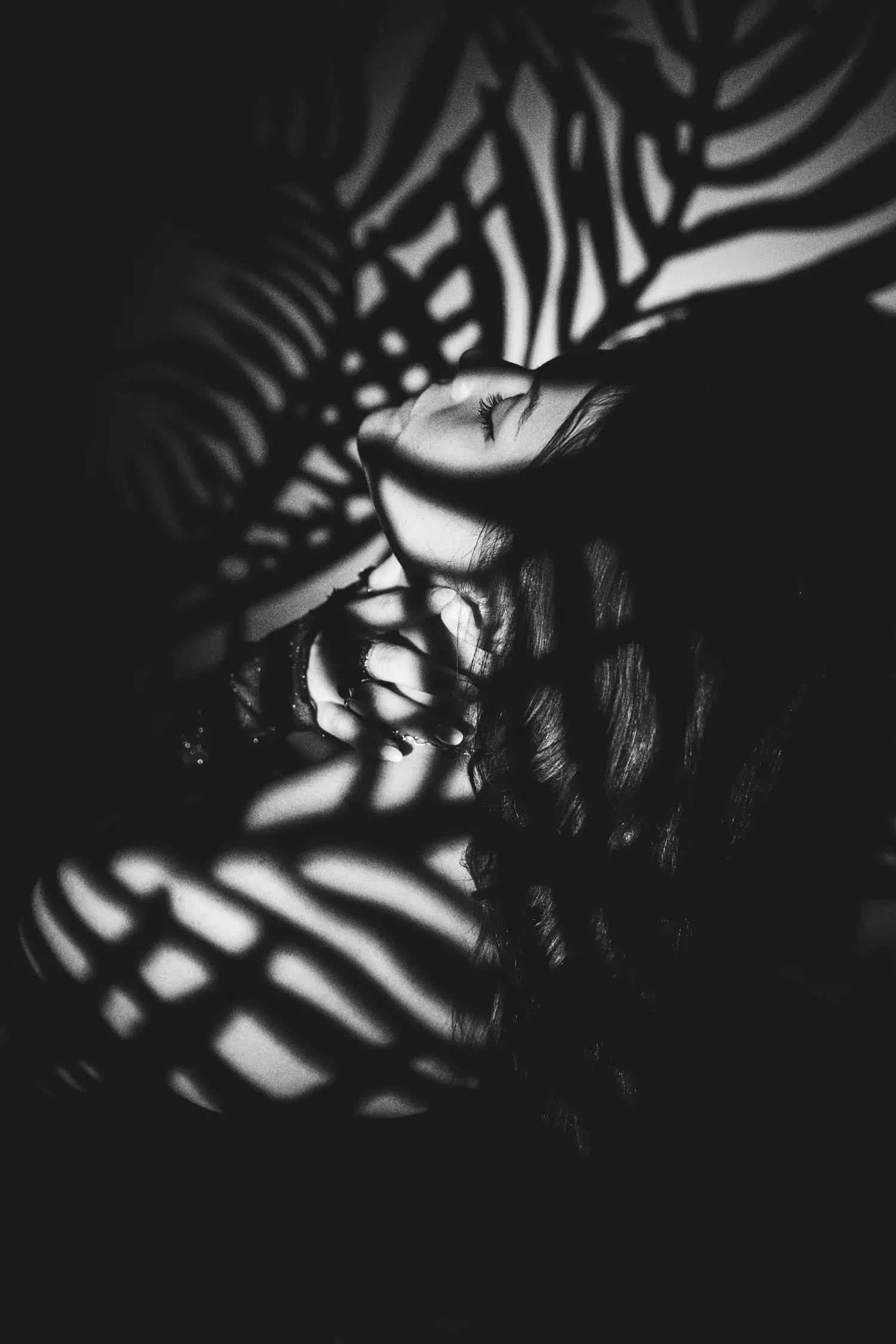Creative leaf shadow projection overlay layout technique on a monochrome fine art design model