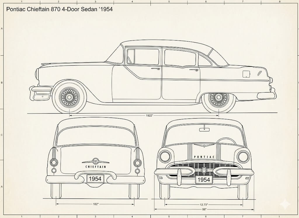 1954 Pontiac Chieftain 4 door sedan blueprint with dimensions