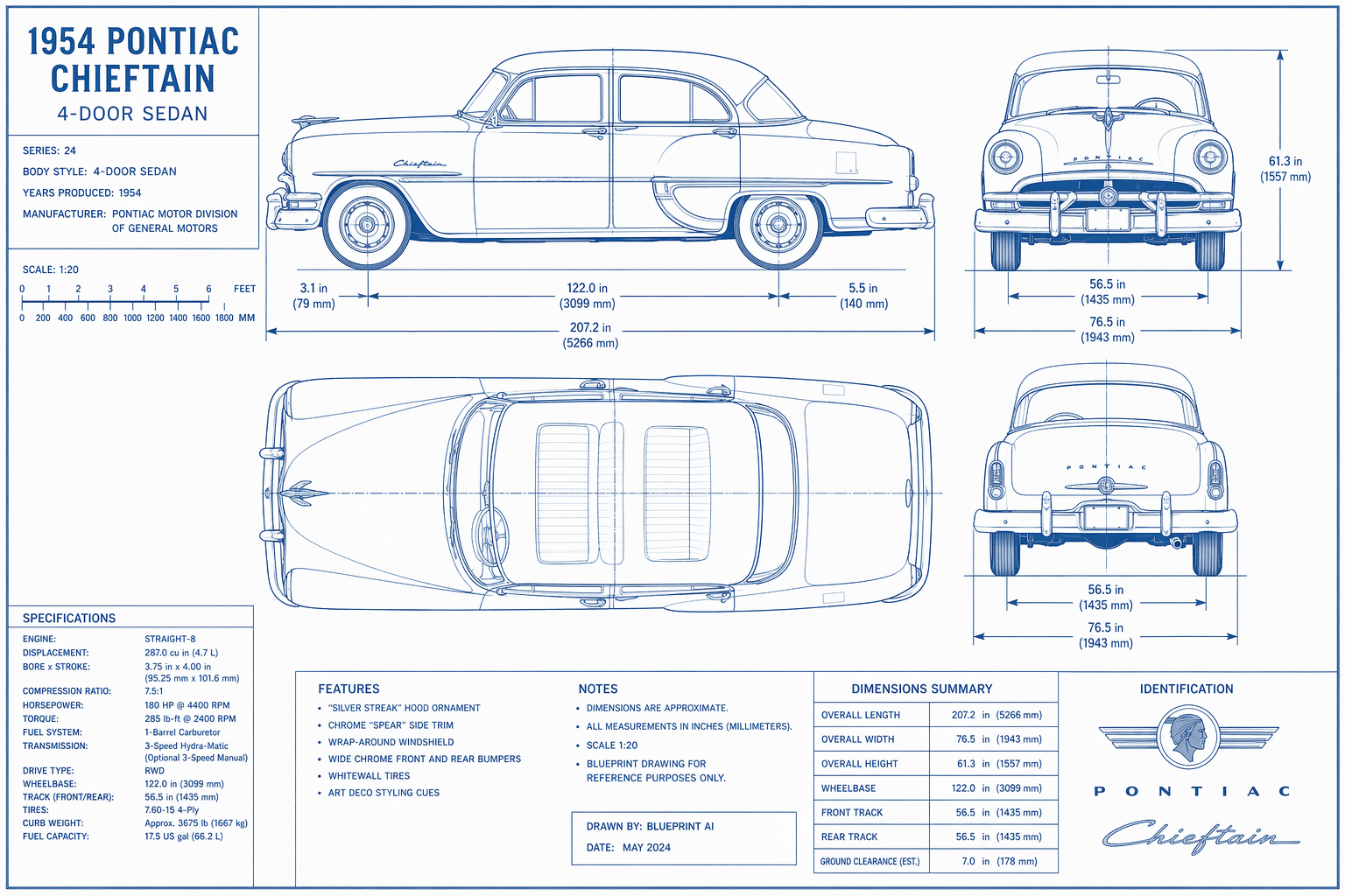 1954 Pontiac Chieftain 4 door sedan blueprint with dimensions