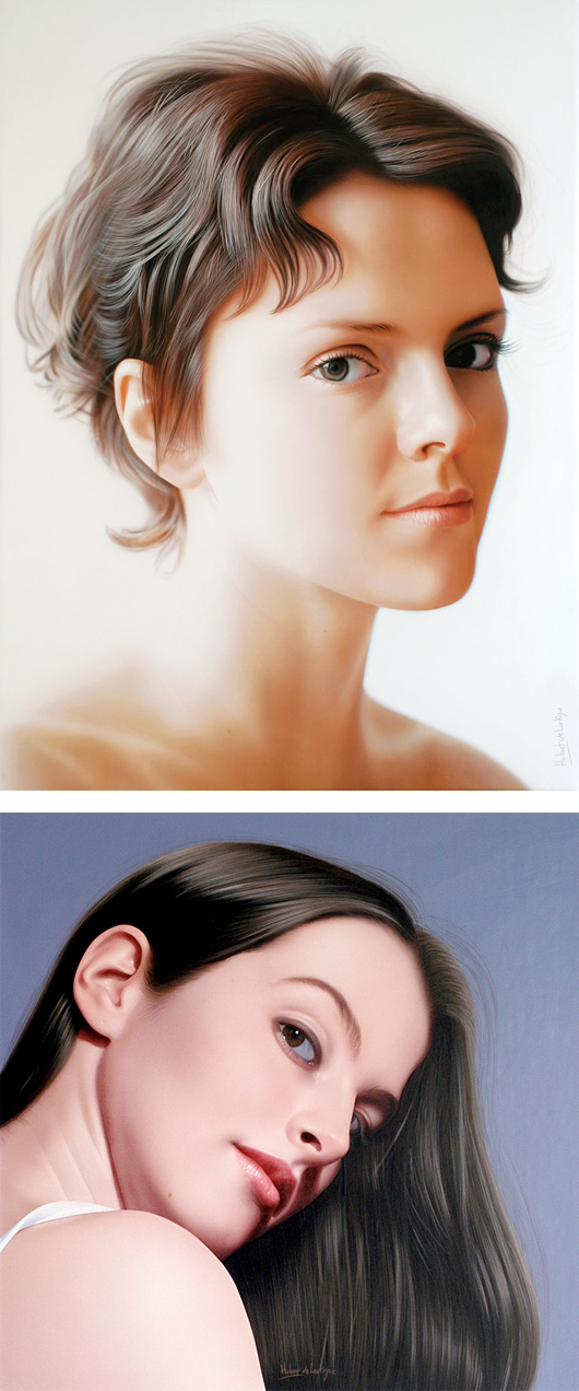 Two hyperrealistic female portrait paintings by Hubert De Lartigue featuring soft lighting, realistic skin textures, and expressive facial details.