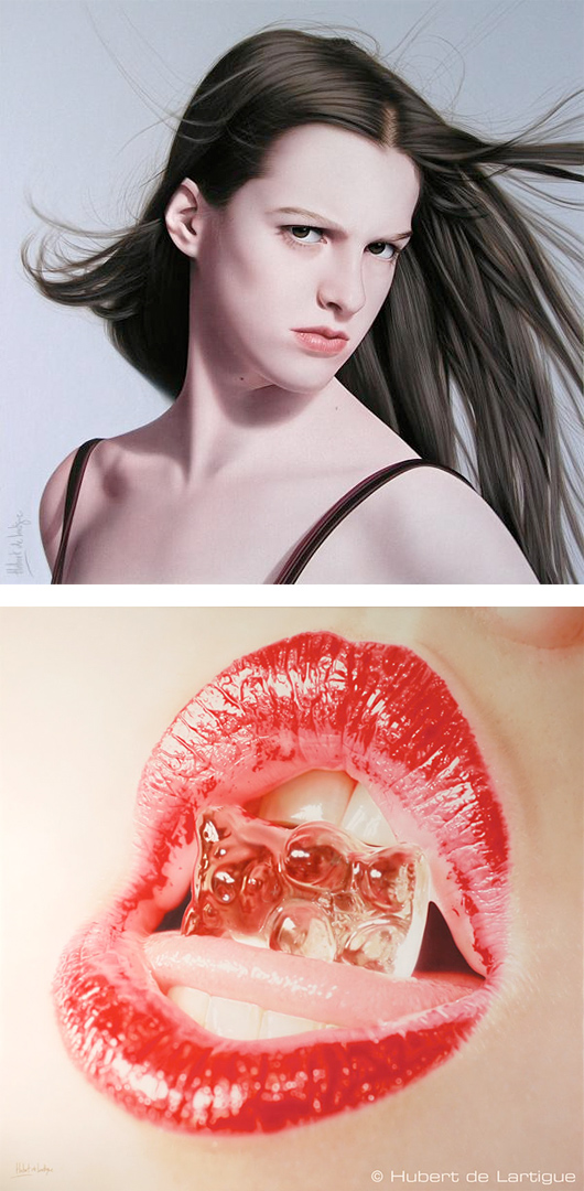 Hyperrealistic portrait paintings by Hubert De Lartigue featuring a dramatic female expression and glossy red lips holding an ice cube.