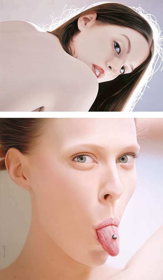 Two hyperrealistic portrait paintings by Hubert De Lartigue featuring soft skin textures, surreal expressions, and delicate lighting effects.