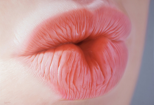 Hyperrealistic close-up painting of soft pink lips with detailed texture and realistic skin tones by French artist Hubert De Lartigue.