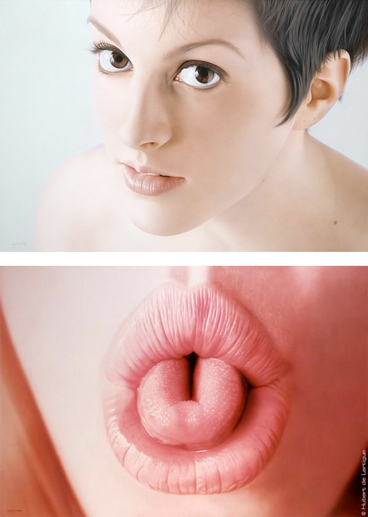 Hyperrealistic portrait artworks by Hubert De Lartigue featuring a soft female face and a detailed close-up of pink lips with a playful expression.