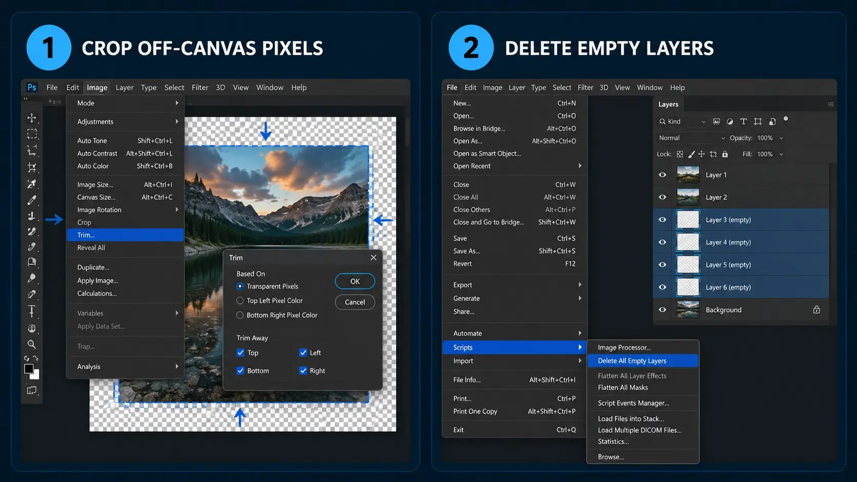 Crop off-canvas pixels and delete empty layers to reduce Photoshop file size