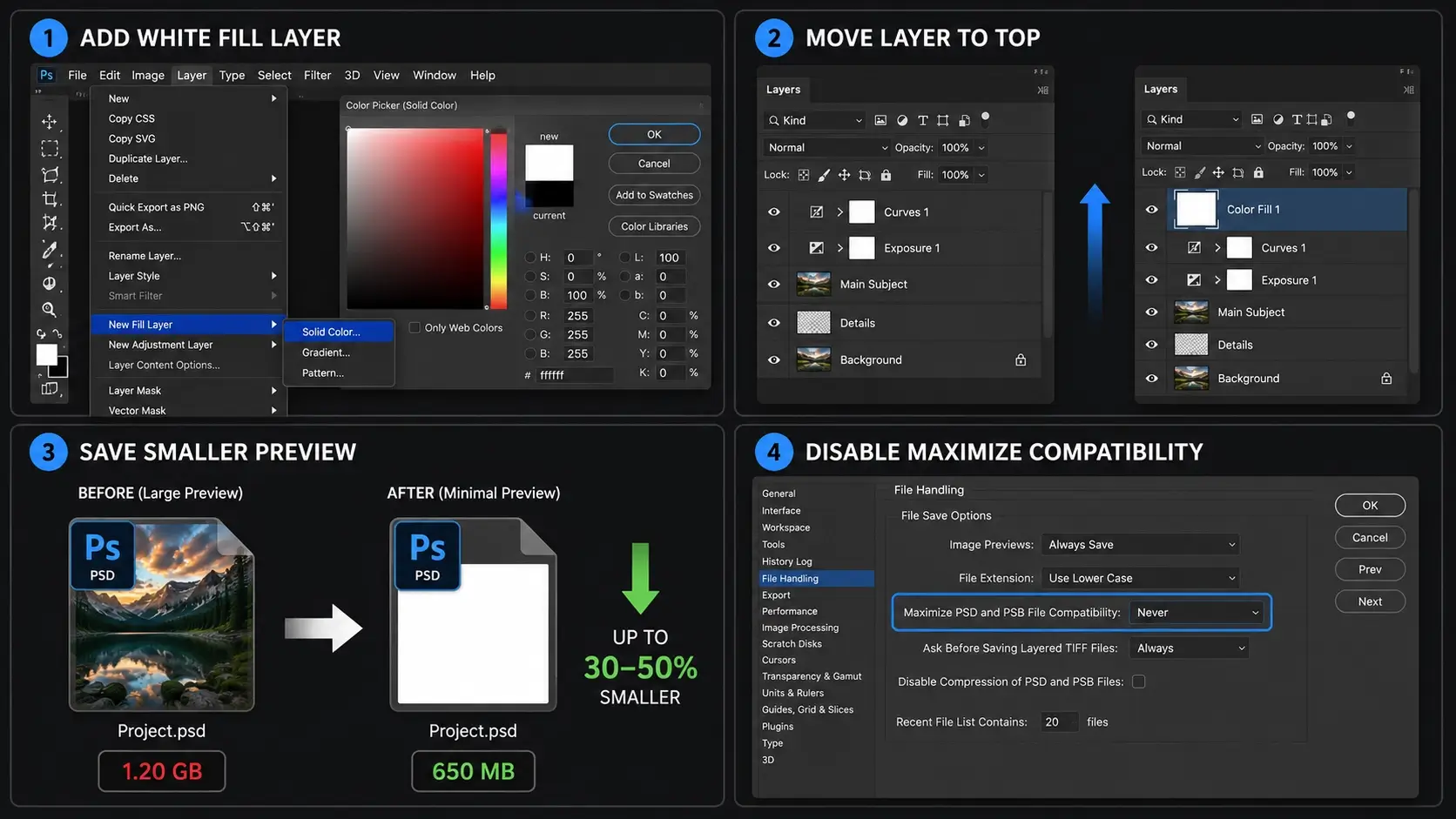 White layer trick and compatibility settings to reduce Photoshop file size