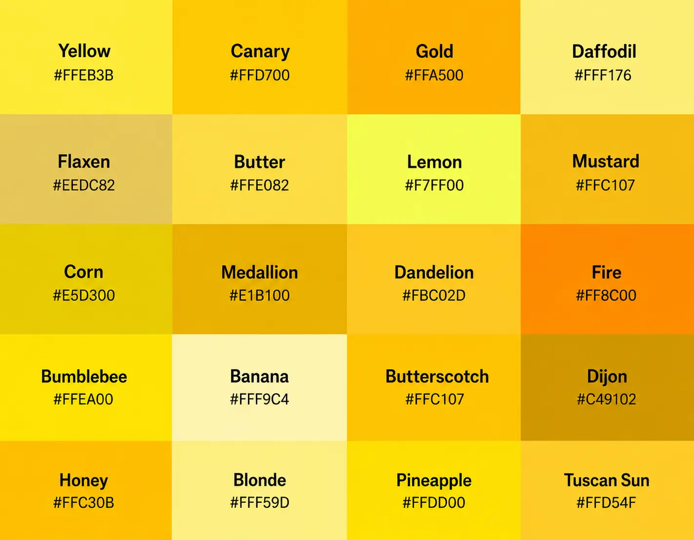 Color Thesaurus chart for Shades of Yellow