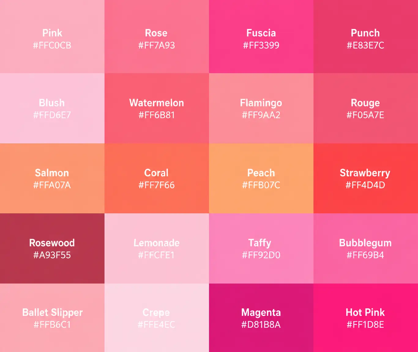 Pink color shade names in the Color Thesaurus