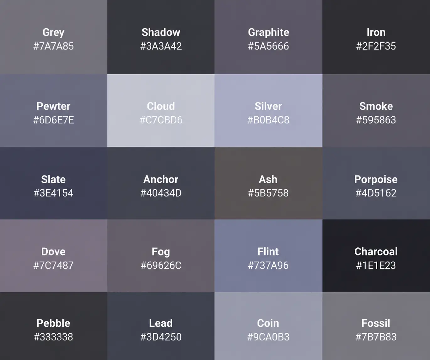 Shades of Grey color names from Color Thesaurus