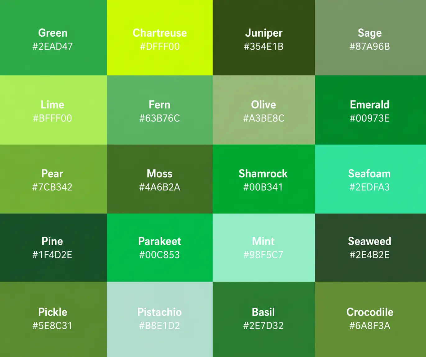 Color Thesaurus Green shades with descriptive names