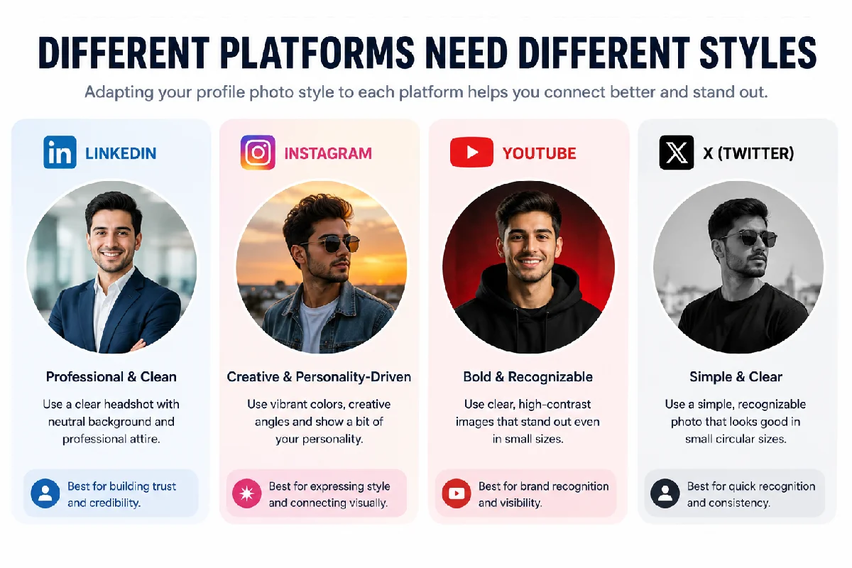 Comparison of LinkedIn, Instagram, YouTube, and X profile photo styles for personal branding