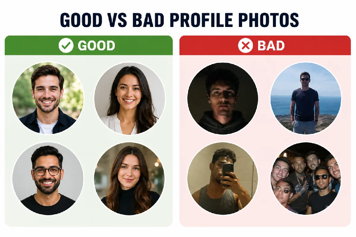 Comparison between good and bad social media profile photos for better online first impressions