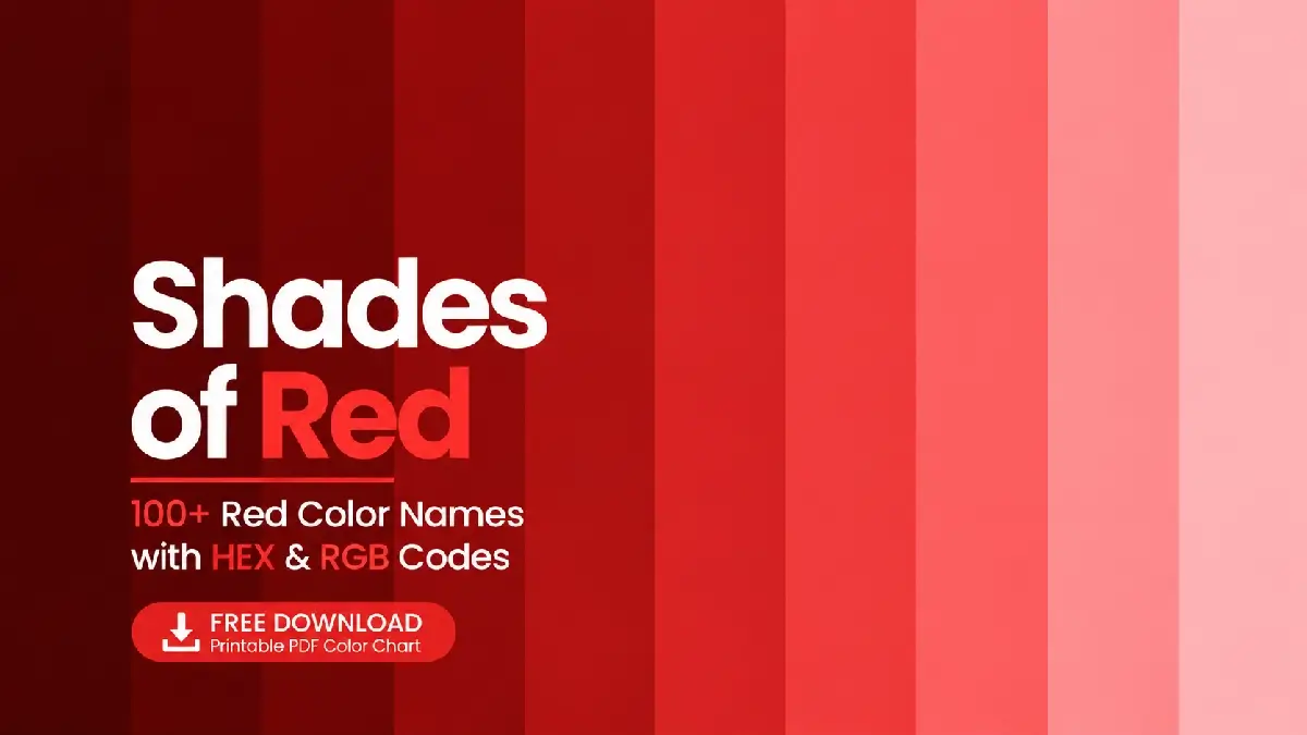 Master guide showing 100 shades of red color chart with names and hex codes