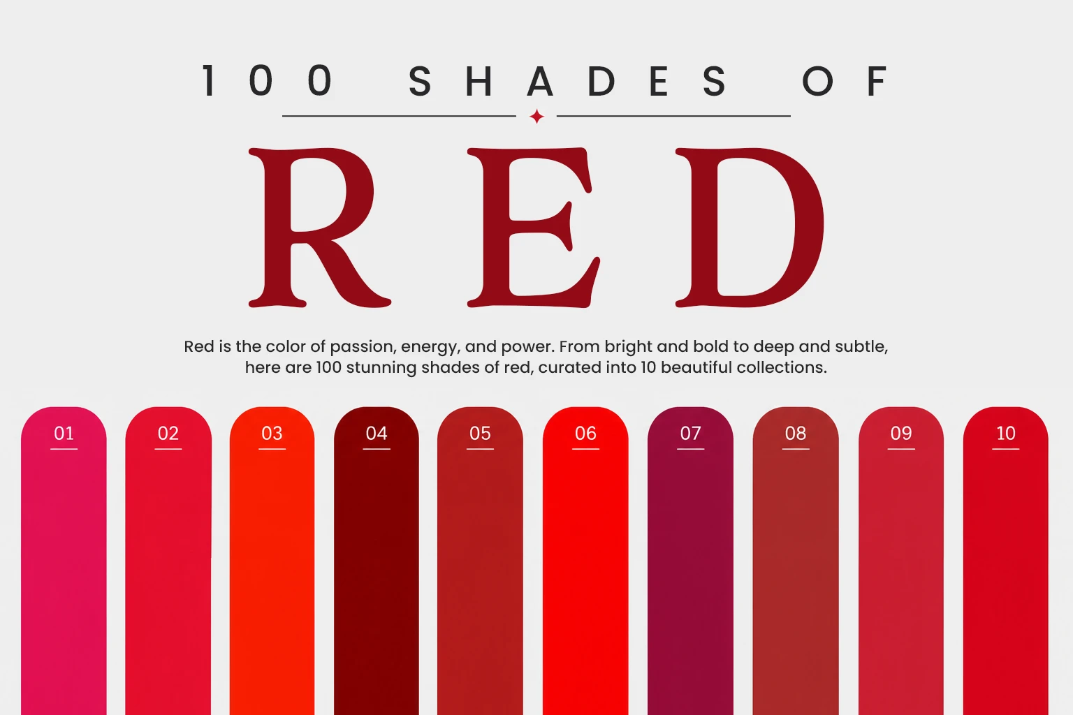 Master guide showing 100 shades of red color chart with names and hex codes