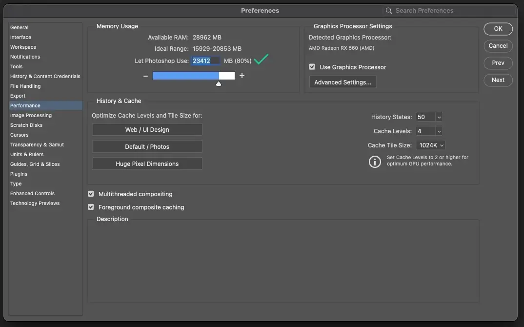 Photoshop Memory Usage settings showing RAM allocation increased to 70–80% for better performance.