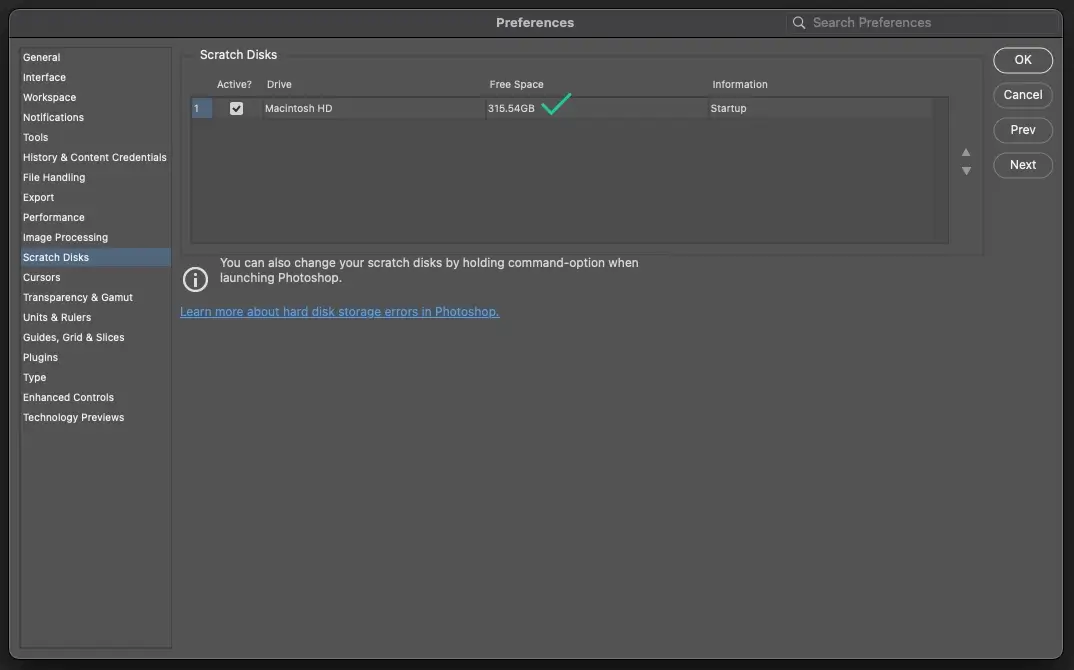 Photoshop Scratch Disk settings configured to use a fast NVMe SSD as the primary scratch disk.