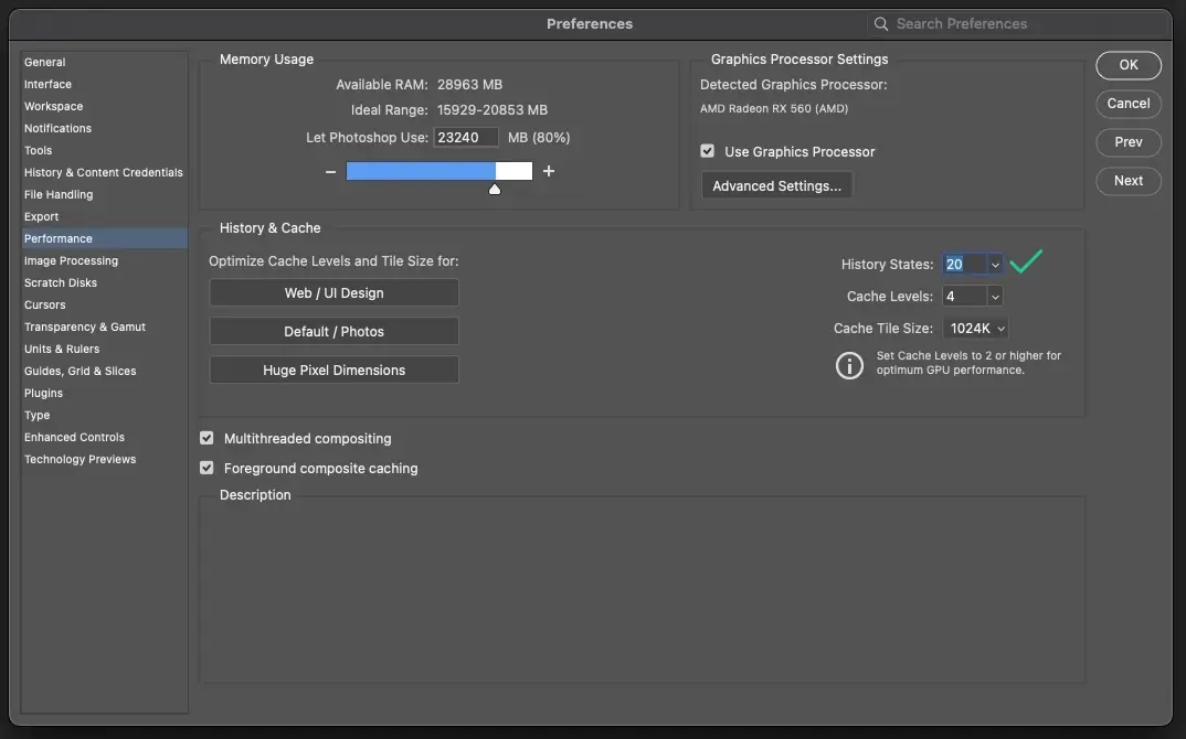 Photoshop History & Cache settings showing History States reduced from 50 to 20–30.