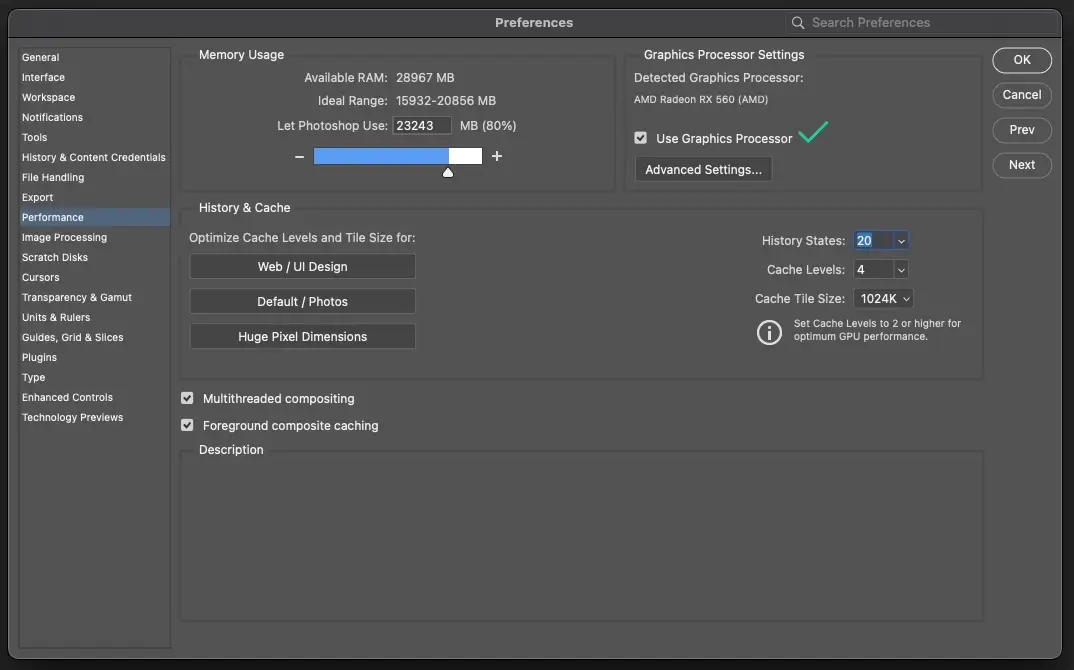 Photoshop Graphic Processor settings with GPU acceleration and OpenCL enabled.