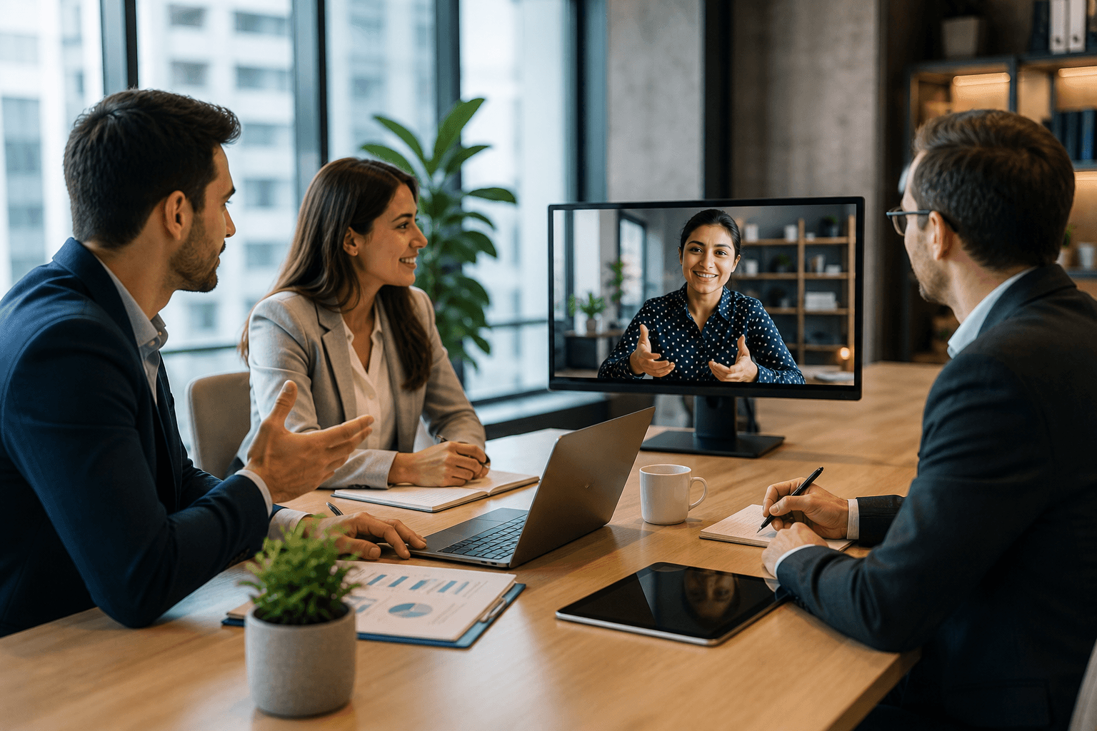 Professional client meeting showing face-to-face discussion and virtual video call setup in modern office