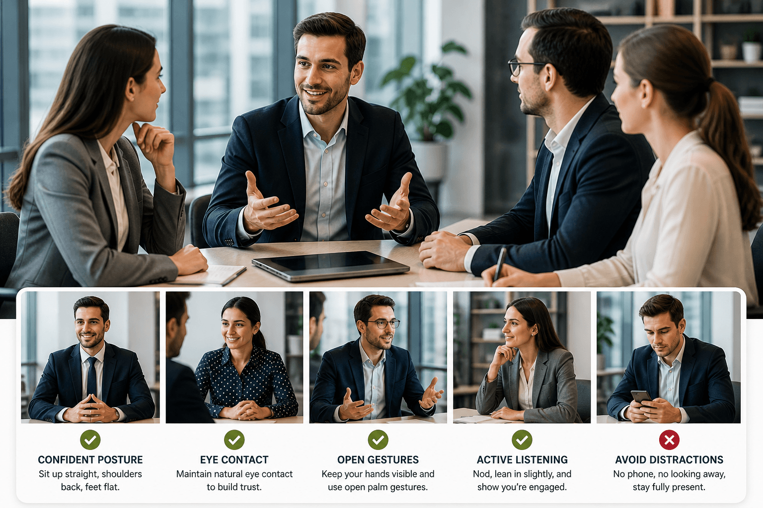 Confident body language in business meeting with eye contact and active listening posture
