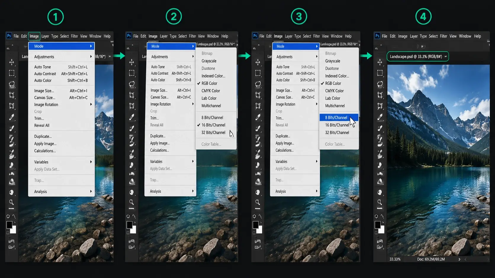 Photoshop Image Mode menu showing a document converted from 16 Bits/Channel to 8 Bits/Channel.