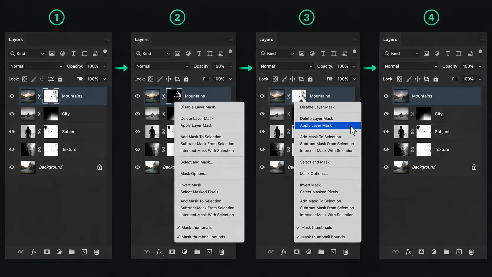 Photoshop Layers panel showing a finalized layer mask being applied to reduce document complexity.