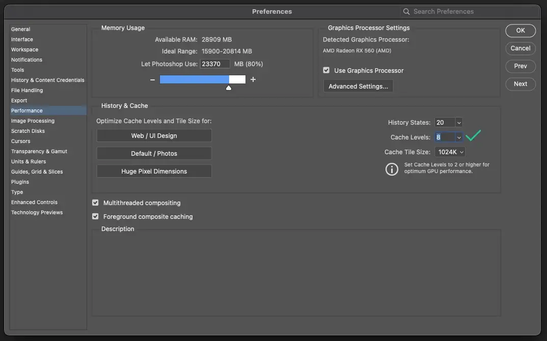 Photoshop Performance settings showing Cache Levels adjusted for faster screen redraws on large high-resolution documents.