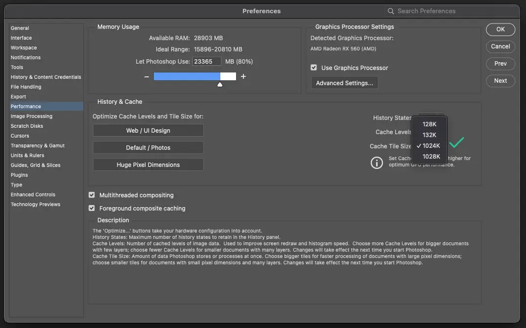 Photoshop History and Cache settings with Cache Tile Size set to 1024K for better large file performance.