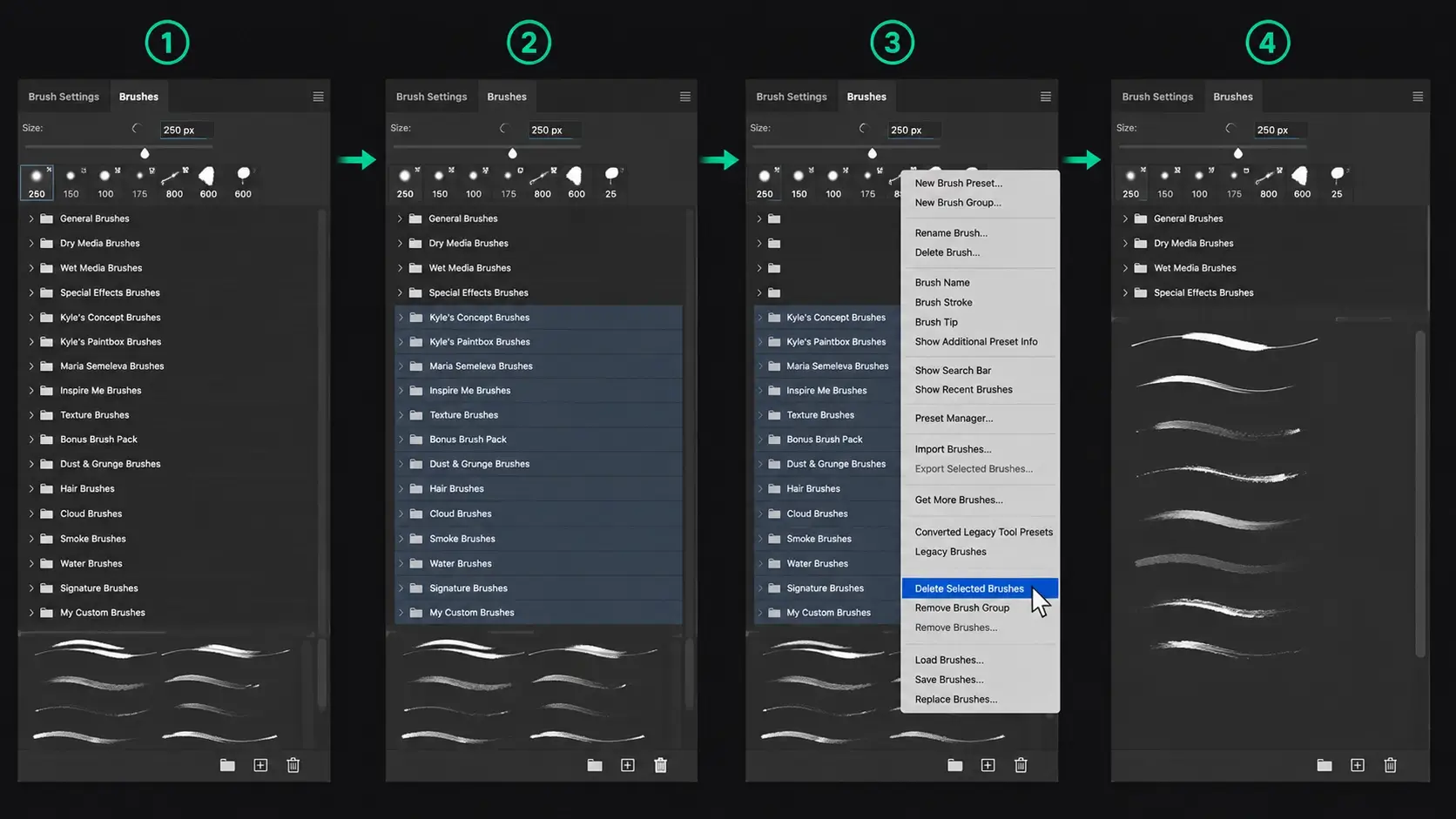 Photoshop Preset Manager showing unused brushes, patterns, and presets being removed to improve startup and performance.