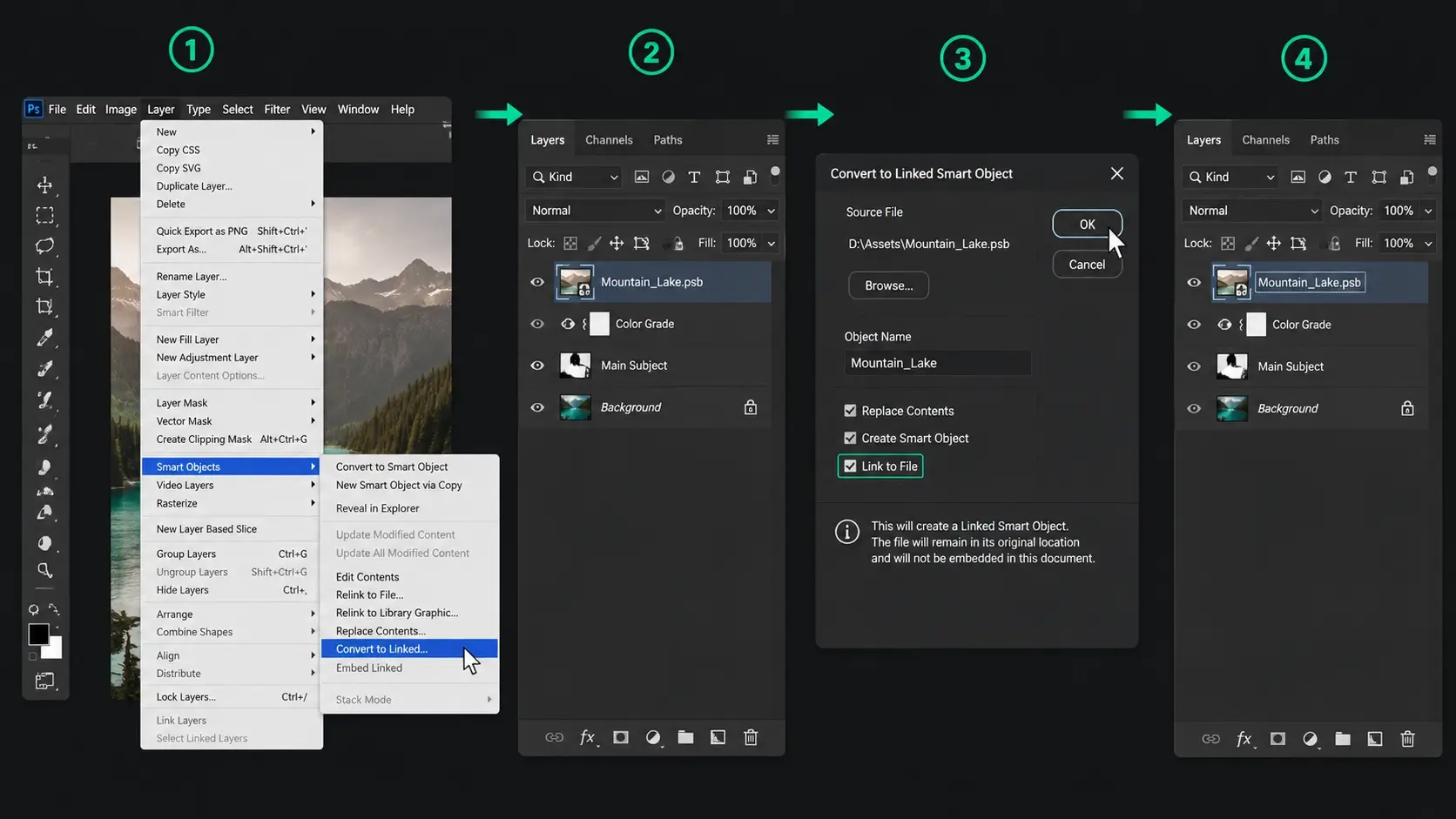 Photoshop Layers panel showing a Linked Smart Object connected to an external asset instead of an embedded file.