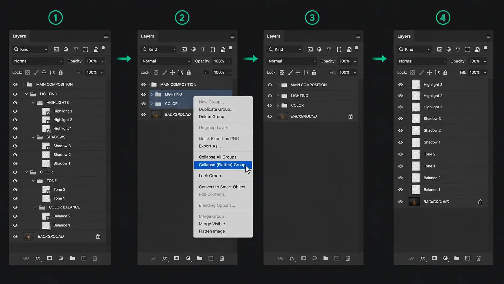 Photoshop Layers panel showing deeply nested layer groups being simplified to improve document performance.