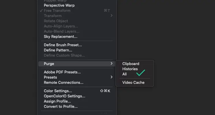 Photoshop Edit menu showing Purge options used to clear History, Clipboard, and cache data during long editing sessions.
