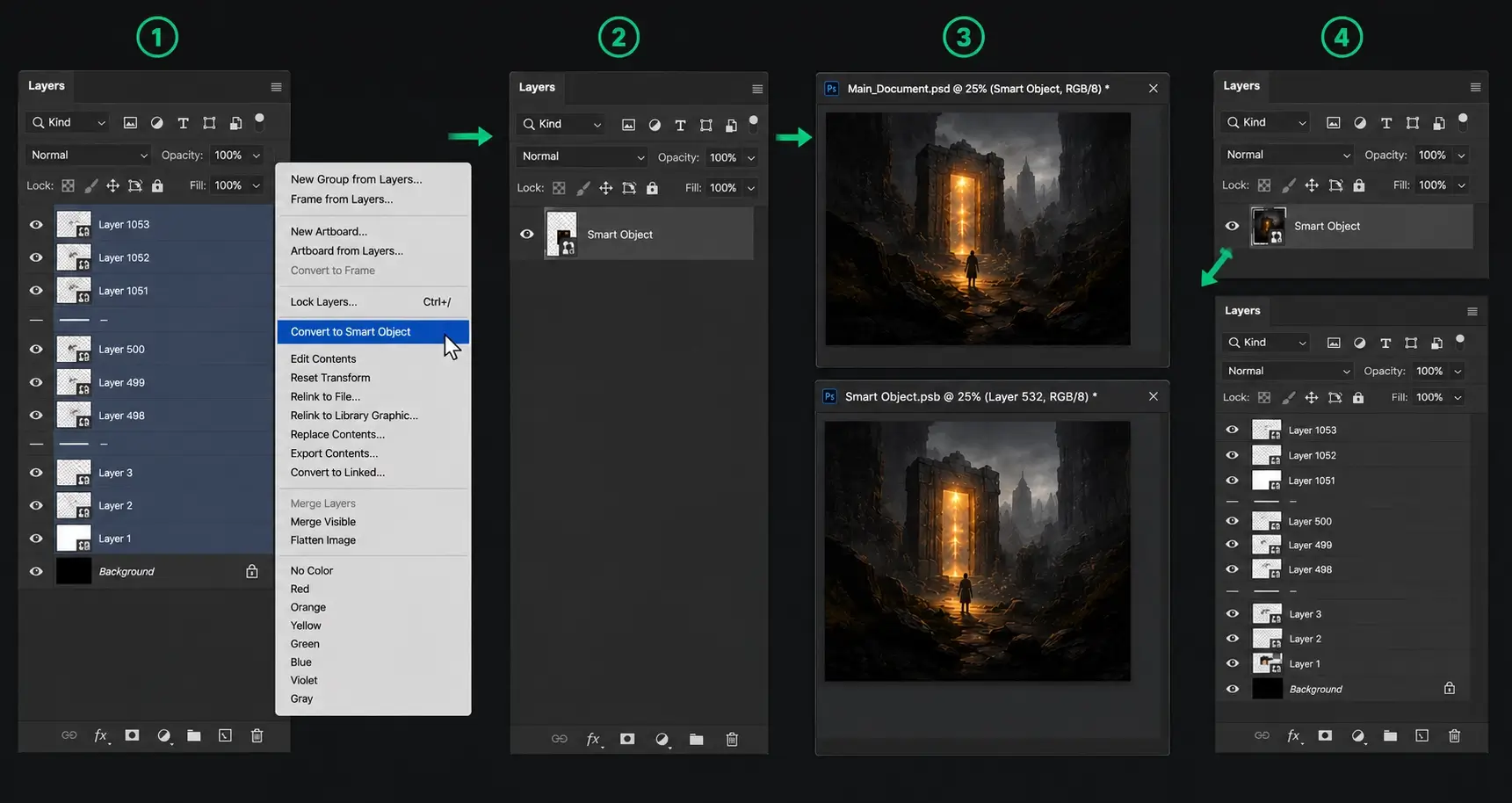Photoshop Smart Object workflow showing how 1000+ layers are converted into a single Smart Object while keeping all original layers editable.