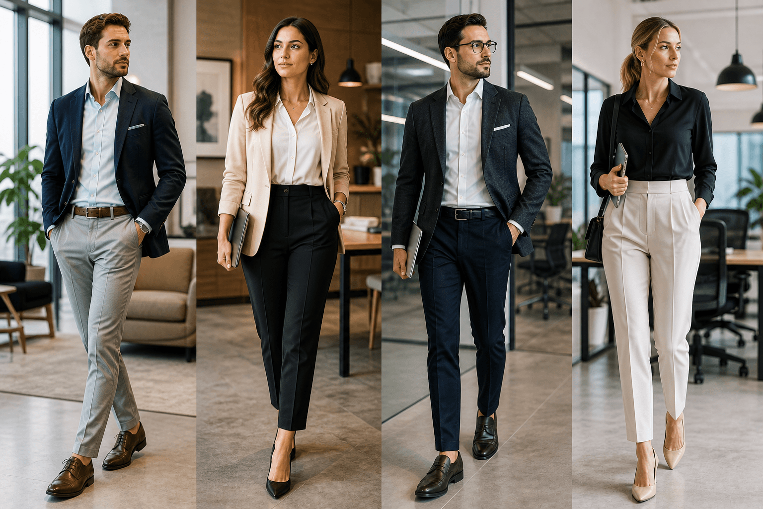 Modern professional business attire for men and women in a corporate office setting