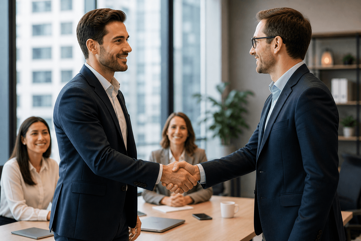 Firm professional handshake during first client meeting in modern office