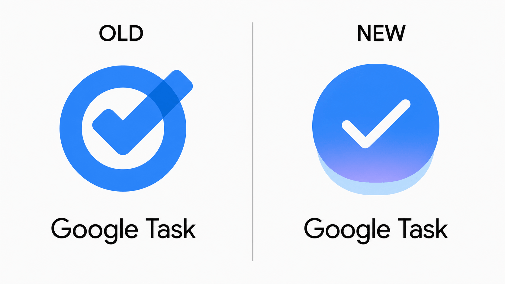 Google Tasks Redesign 2026 vs Old icon comparison showing solid blue gradient circle with glow