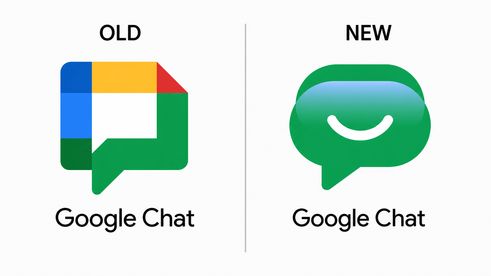 New Google Chat Redesign 2026 vs Old icon comparison showing green pill-shaped bubble with smile