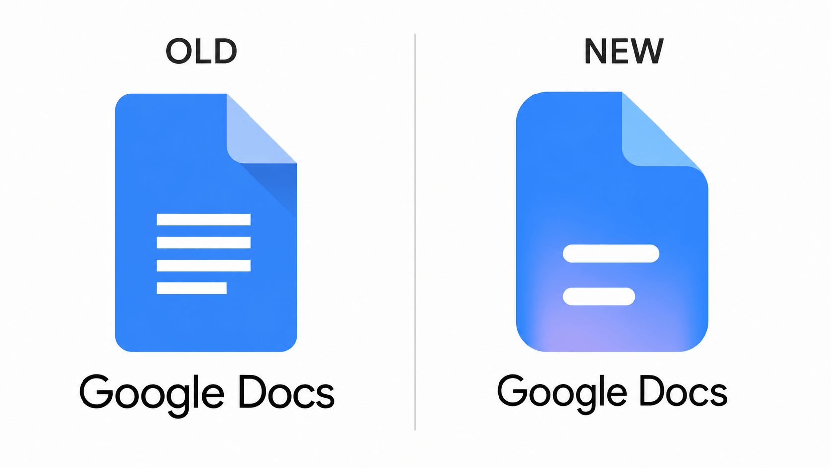 New Google Docs Redesign 2026 vs Old icon comparison showing new blue gradient look