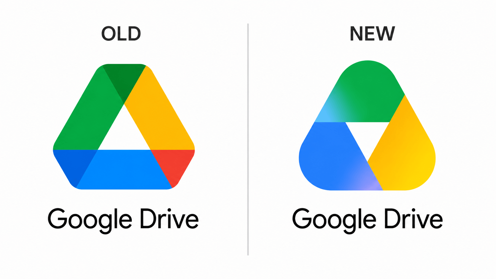 New Google Drive Logo 2026 vs Old comparison highlighting gradient redesign and removal of red color