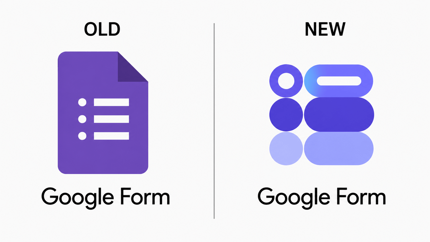 New Google Forms Logo 2026 vs Old side-by-side showing purple deconstructed gradient redesign