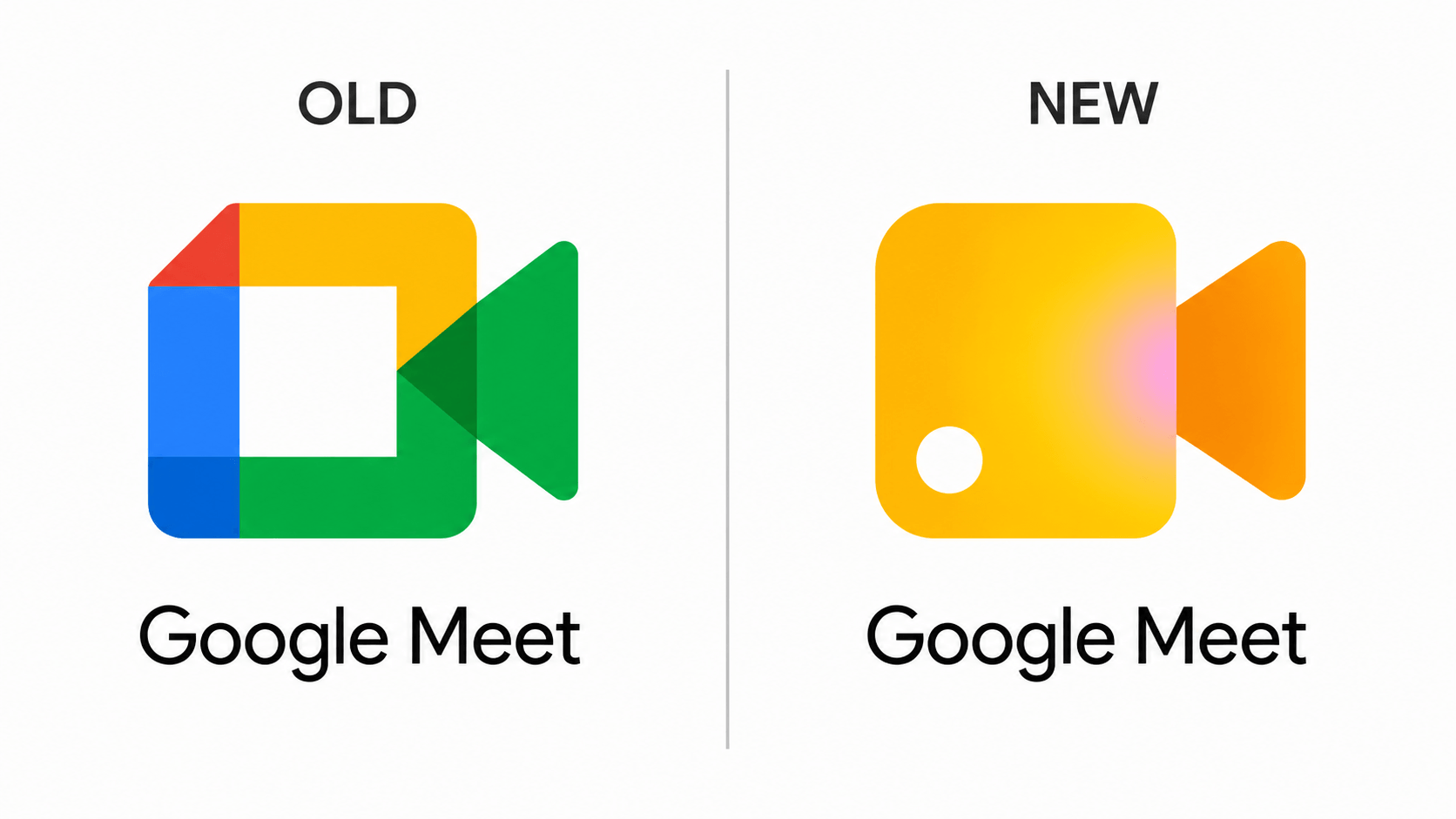 New Google Meet New Icon 2026 vs Old comparison showing vibrant yellow-orange gradient redesign