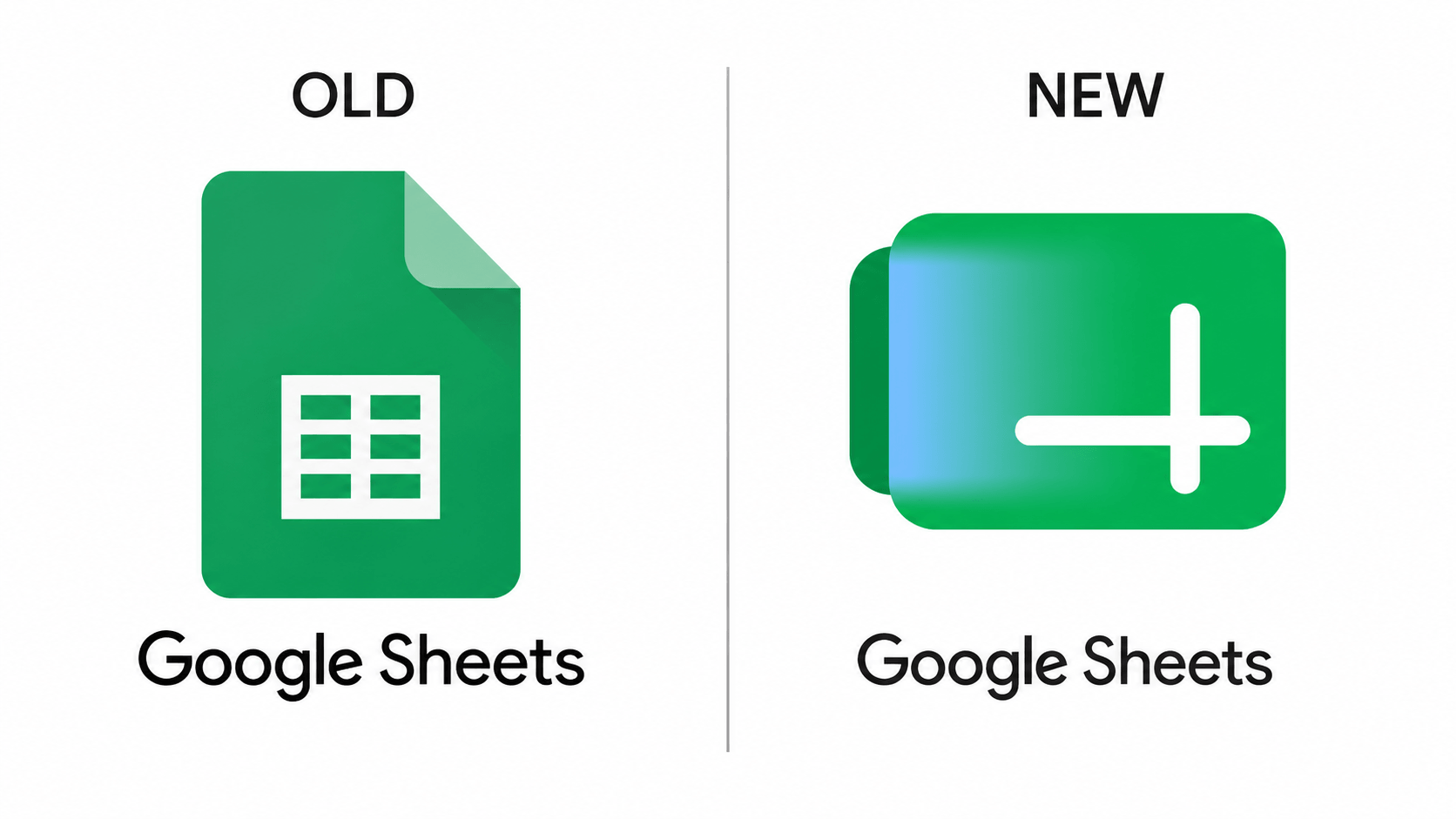 New Google Sheets Logo 2026 vs Old side-by-side showing horizontal green gradient redesign