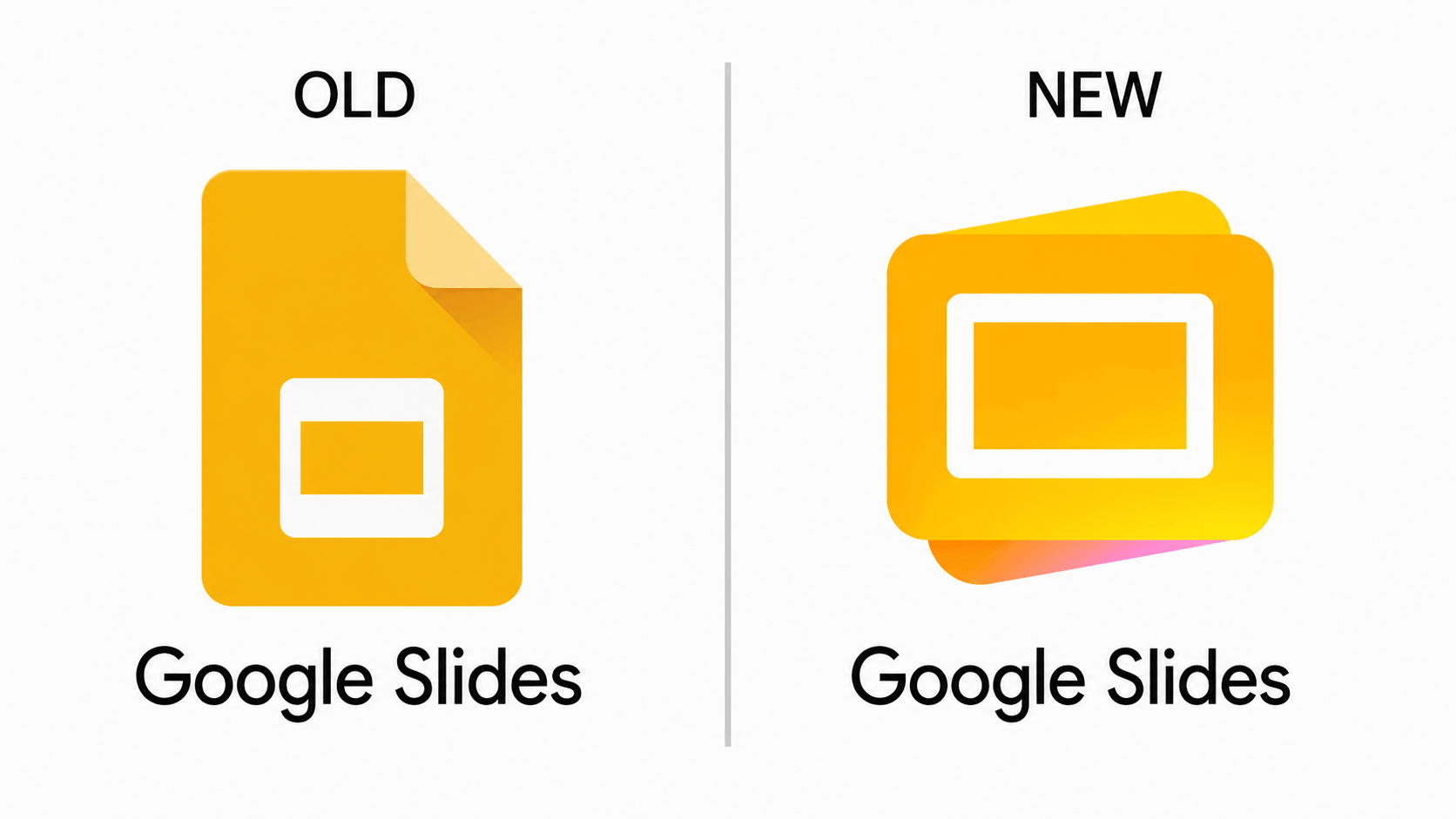 New Google Slides Logo 2026 vs Old side-by-side showing horizontal yellow gradient layered redesign