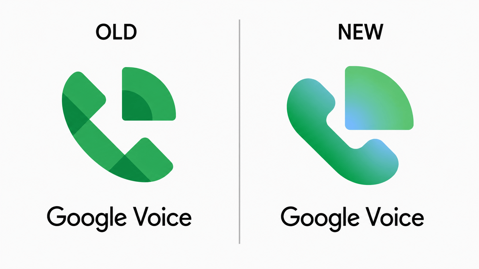 New Google Voice Logo 2026 vs Old side-by-side comparison showing teal-green gradient redesign
