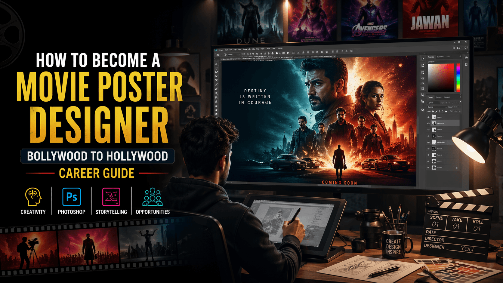 Movie poster designer creating cinematic key art on computer screen for film marketing