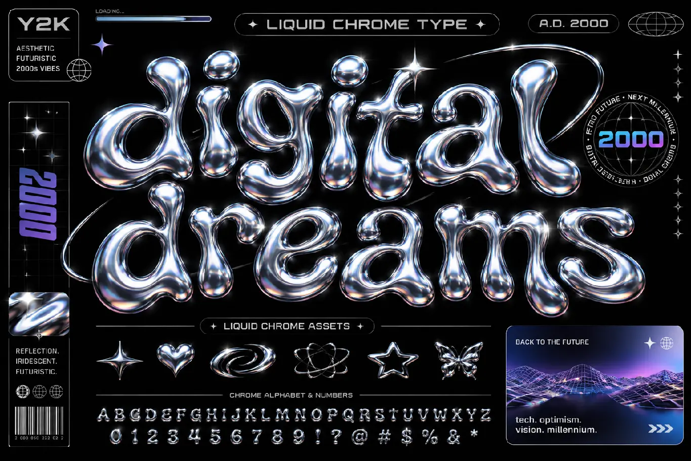 Shiny liquid chrome font effect and metallic typography design example from the Y2K era. Y2K vs Neo-Brutalism