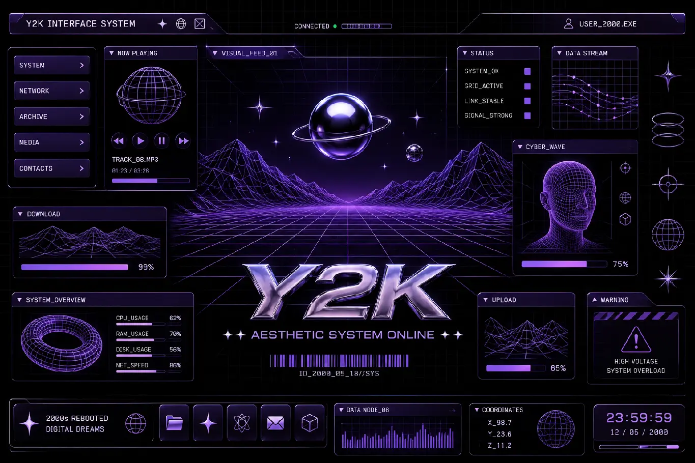 Futuristic low poly 3D tech grid interface background in neon purple aesthetic. Y2K vs Neo Brutalism